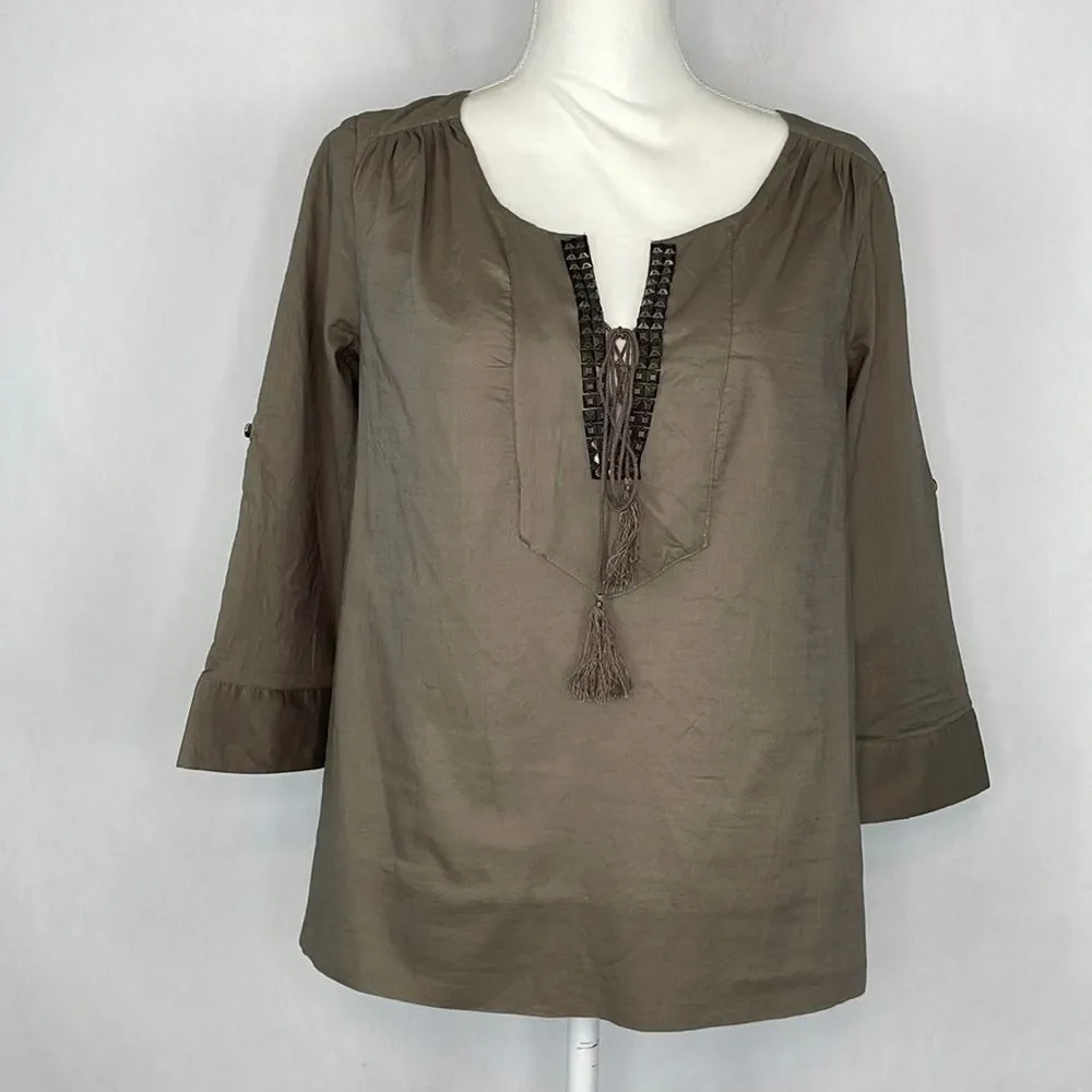 J. Crew 100% Cotton Brown Embellished V-Neck Blouse. Size 4. New With Tags.